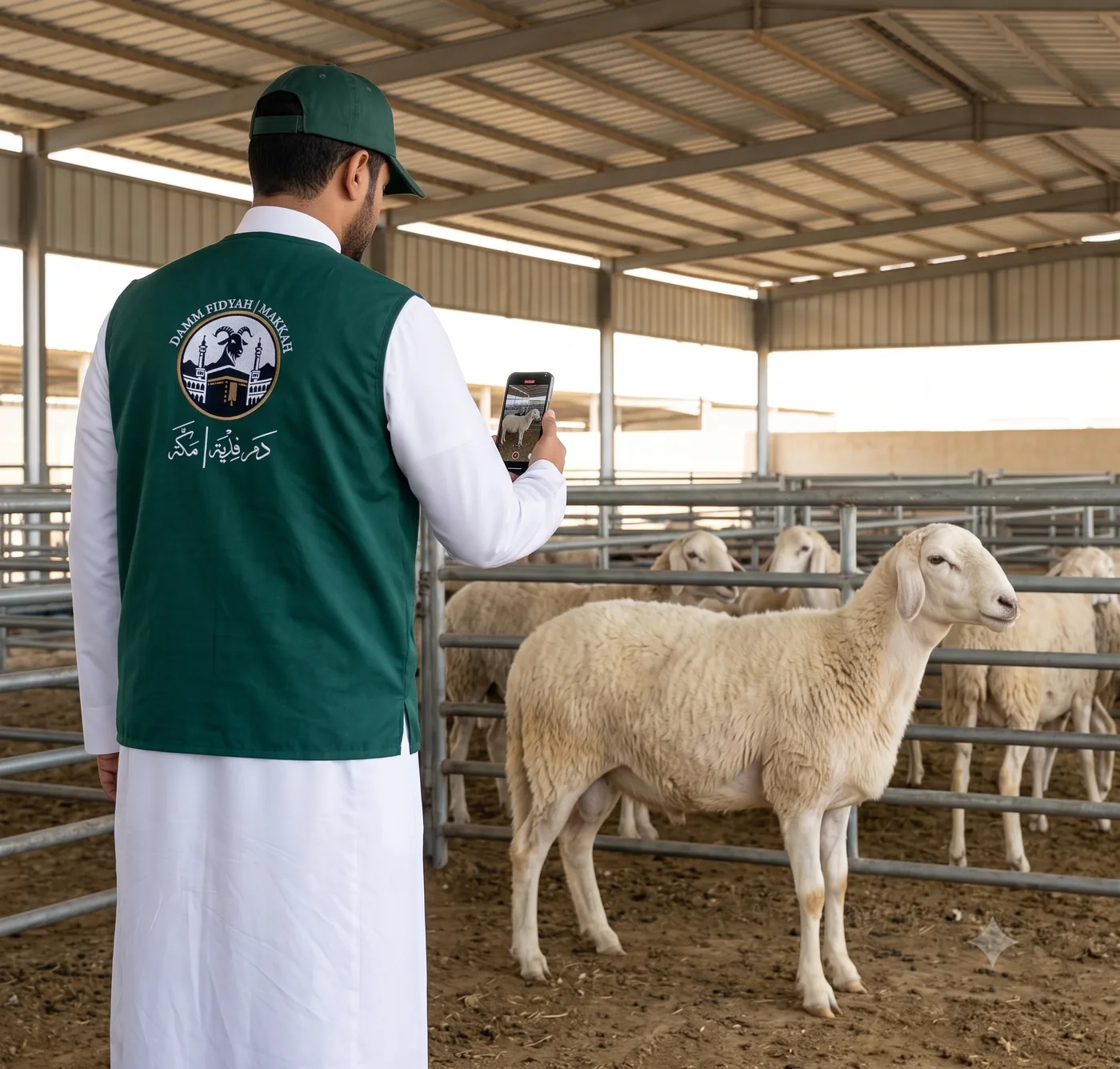 Staff member recording a sheep as proof for a Damm service in Makkah