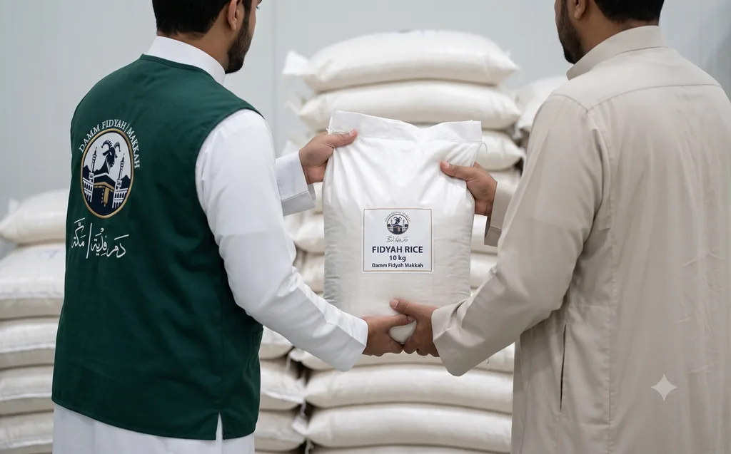 A 10 kg Fidyah rice sack being handed over for distribution in Makkah