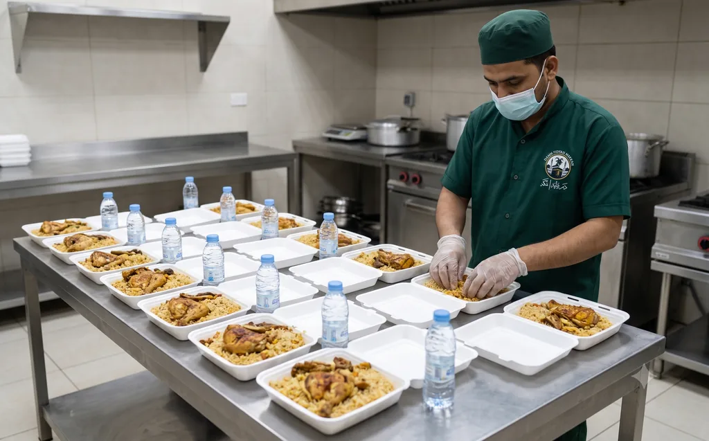 Sadaqah meals being hygienically prepared with bottled water